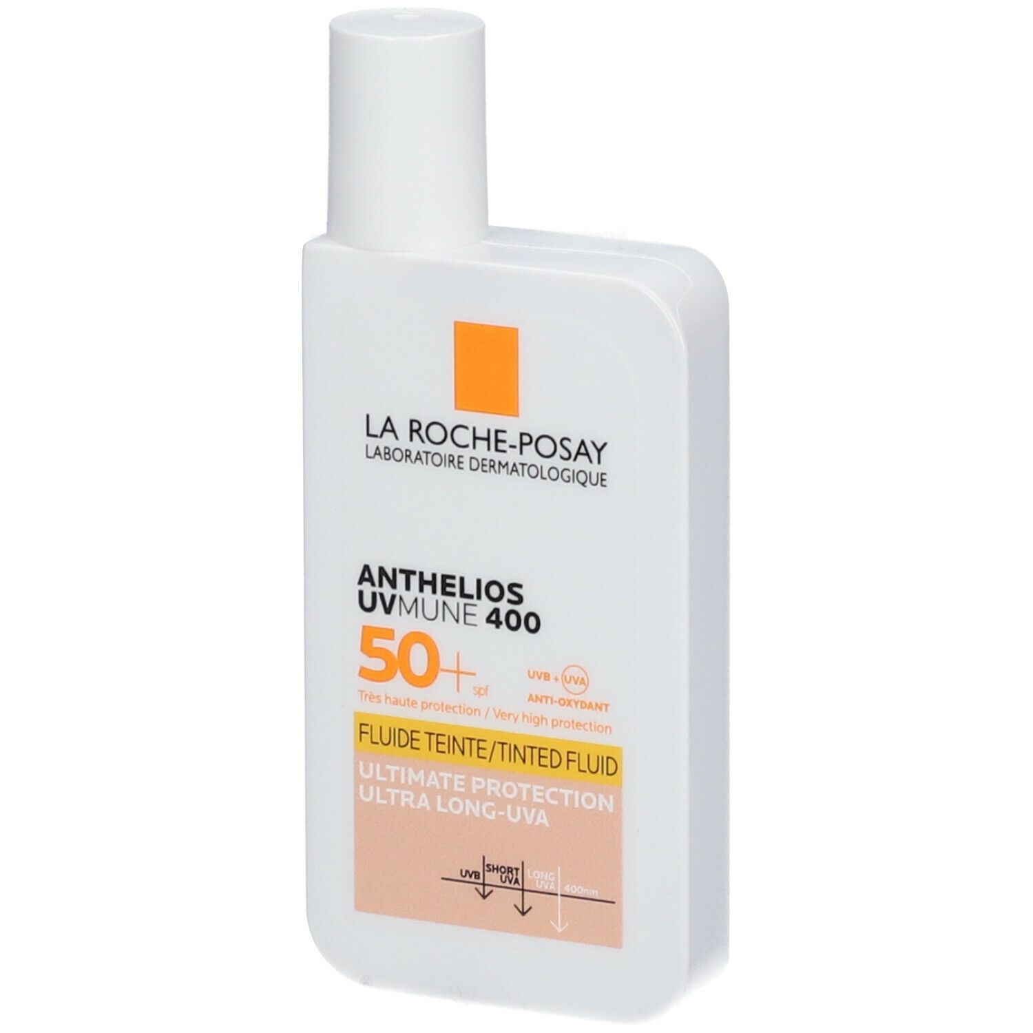 Witte fles La Roche-Posay Anthelios UVmune 400. Oranje logo. Tekst: 50+ SPF, Fluide Teinté, Ultimate Protection.