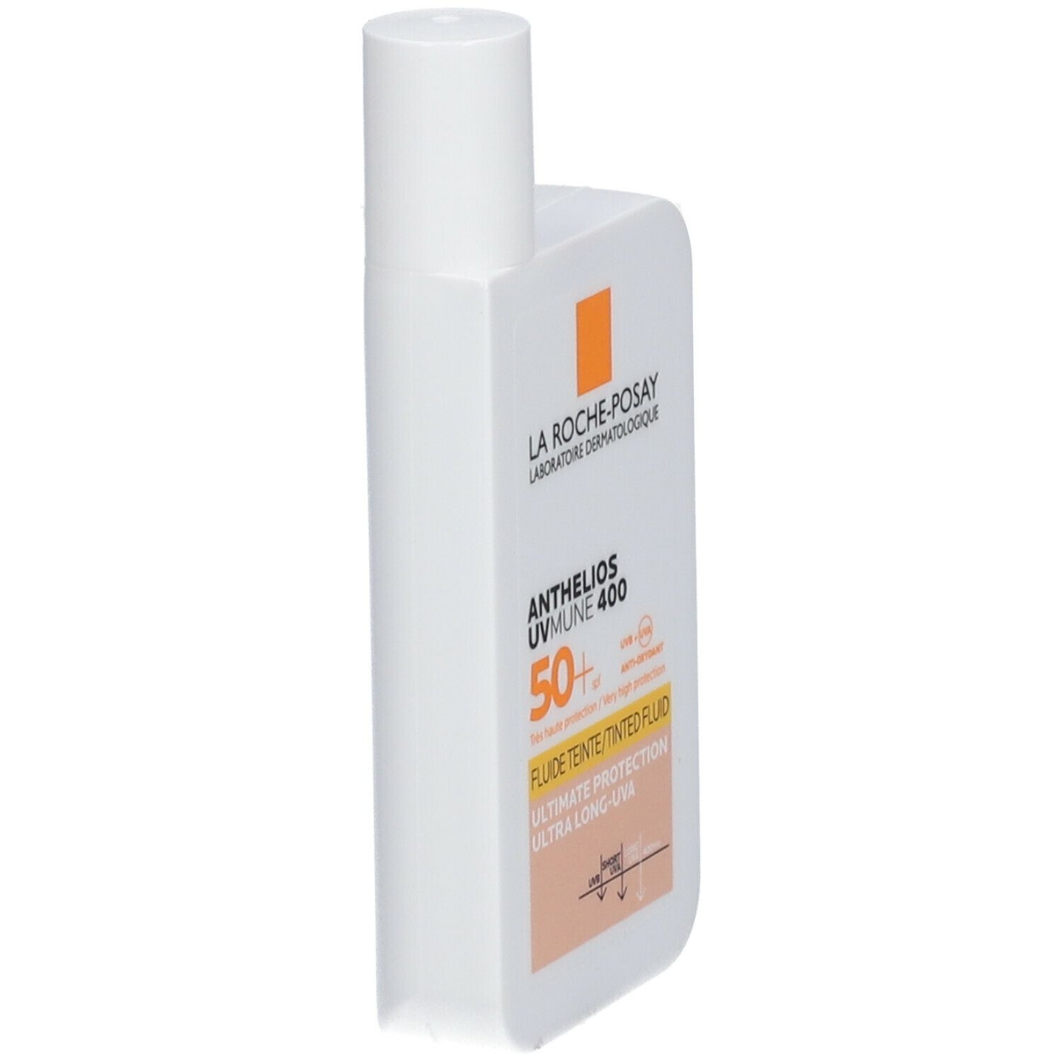 Witte fles La Roche-Posay Anthelios UVmune 400. Oranje logo. Tekst: 50+ SPF, Fluide Teinté, Ultimate Protection.