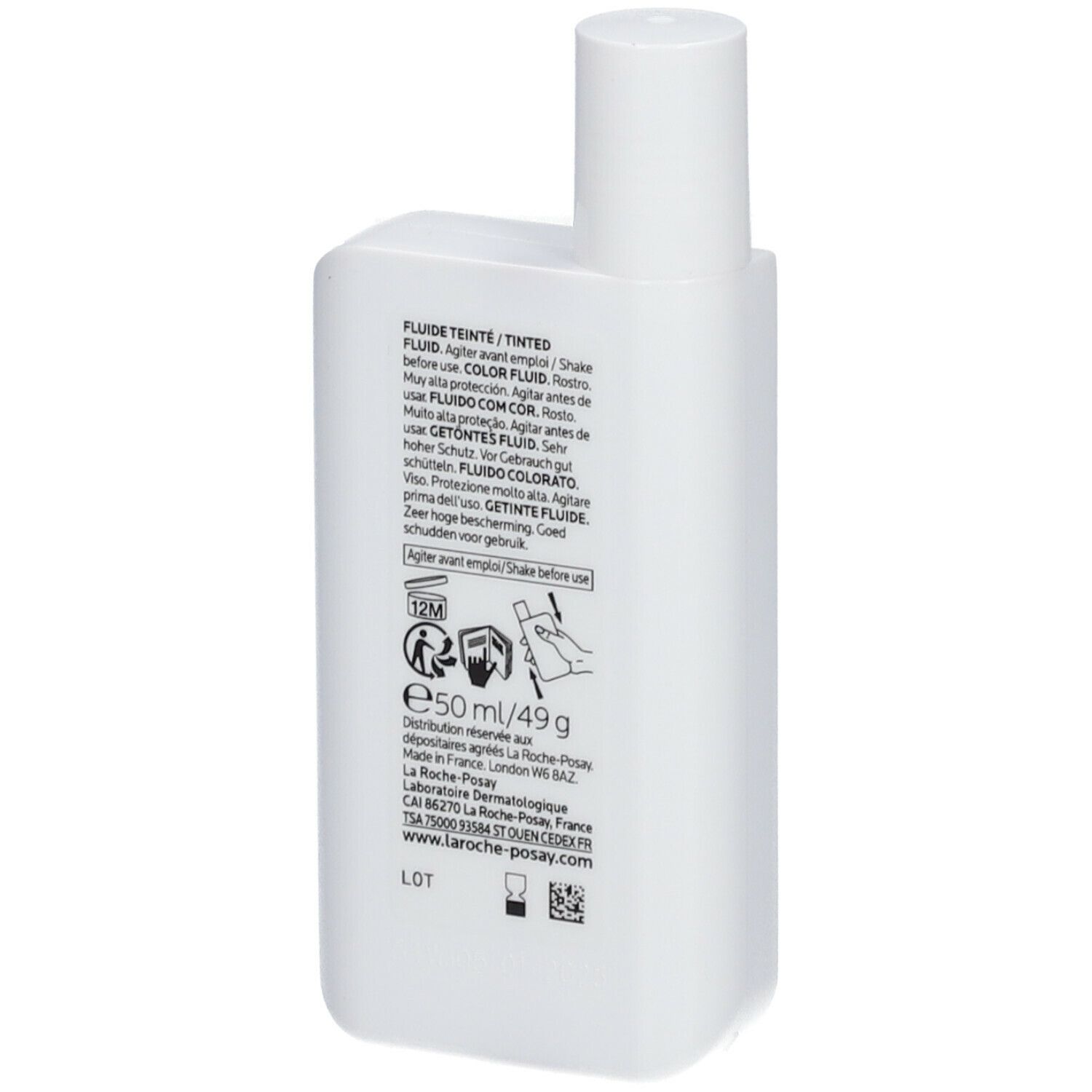 Achterkant witte fles. Tekst: Fluide Teinté, Schudden voor gebruik, 50 ml/49 g, La Roche-Posay.