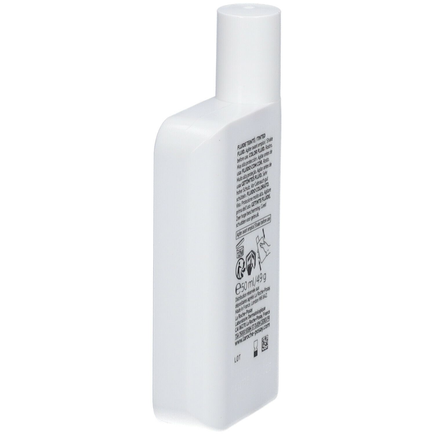 Zijaanzicht witte fles. Tekst: Fluide Teinté, 50 ml/49 g, La Roche-Posay.