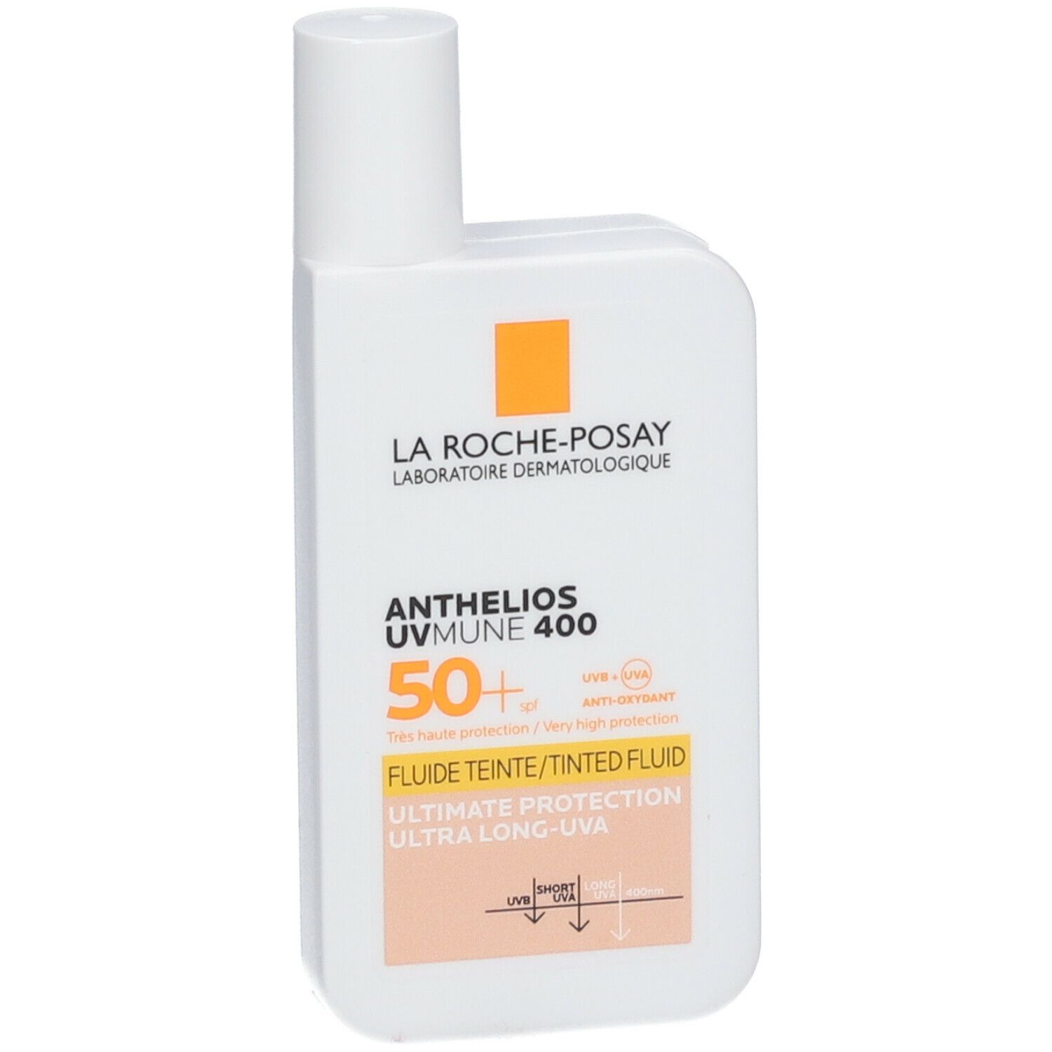 Witte fles La Roche-Posay Anthelios UVmune 400. Oranje logo. Tekst: 50+ SPF, Fluide Teinté, Ultimate Protection.