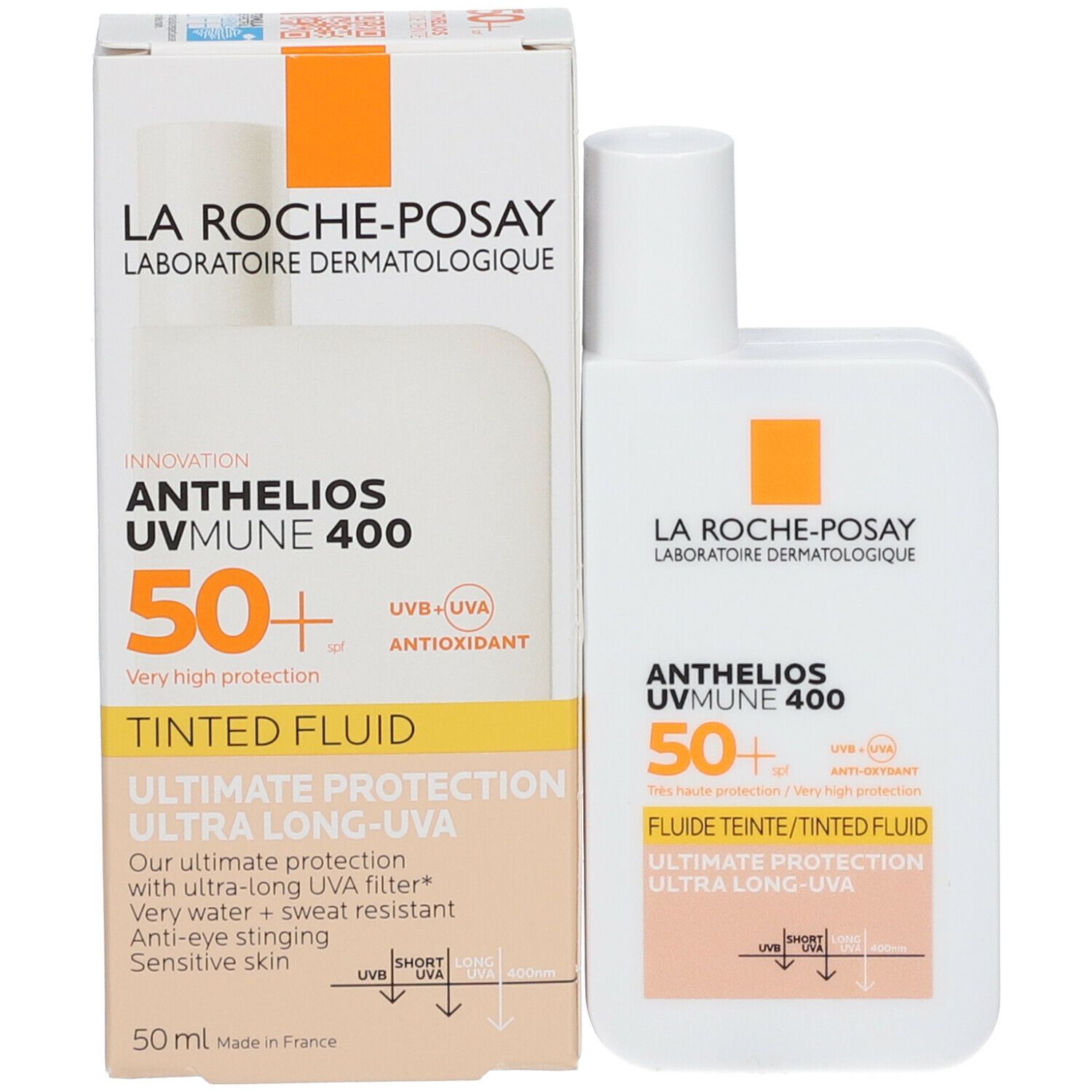 Verpakking en fles La Roche-Posay Anthelios UVmune 400. Tekst: 50+ SPF, Getinte vloeistof, Ultimate Protection.