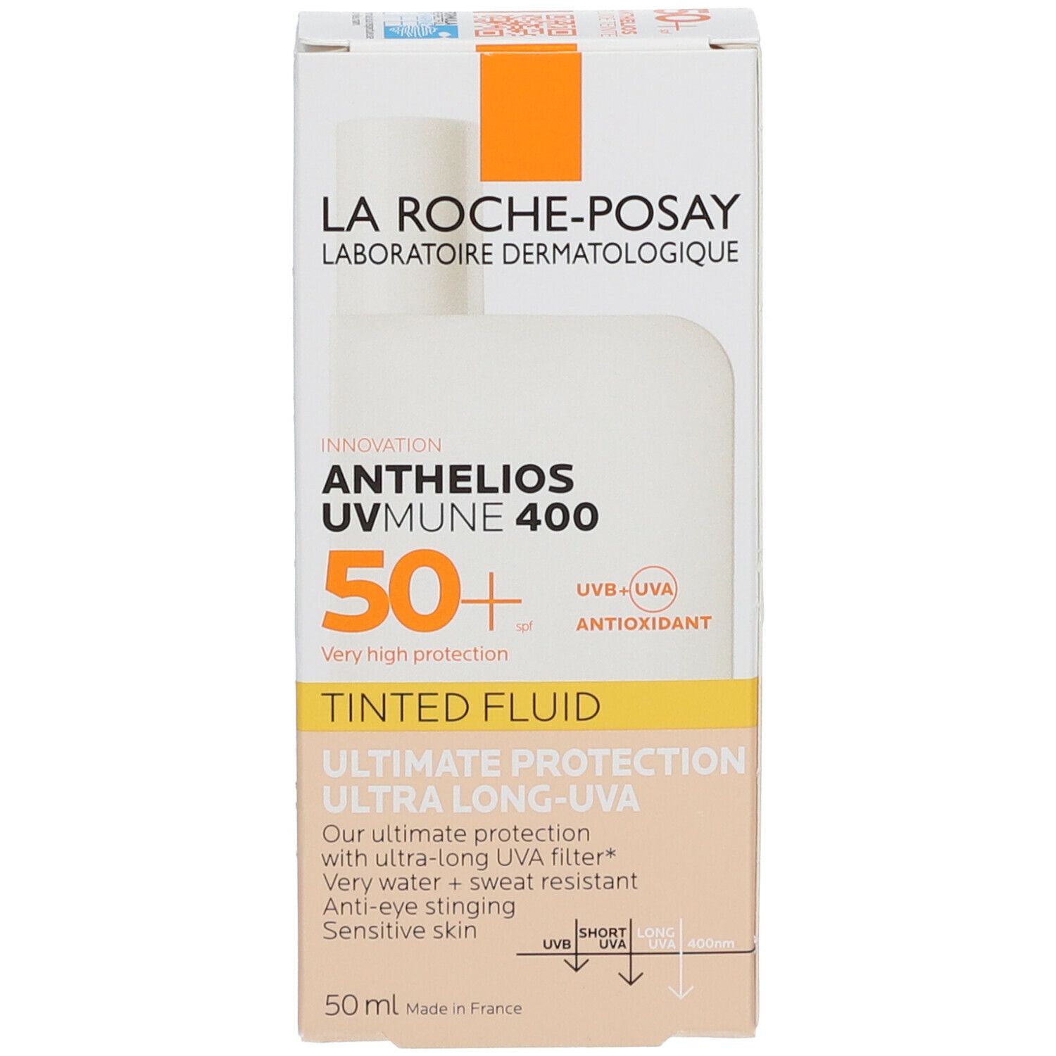 Verpakking La Roche-Posay Anthelios UVmune 400. Tekst: 50+ SPF, Getinte vloeistof, Ultimate Protection.