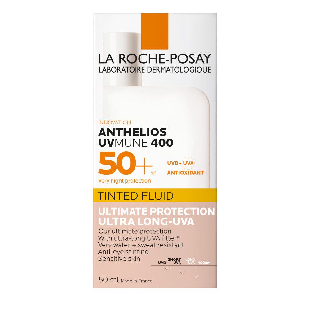 Verpakking La Roche-Posay Anthelios UVmune 400. Tekst: 50+ SPF, Getinte vloeistof, Ultimate Protection.