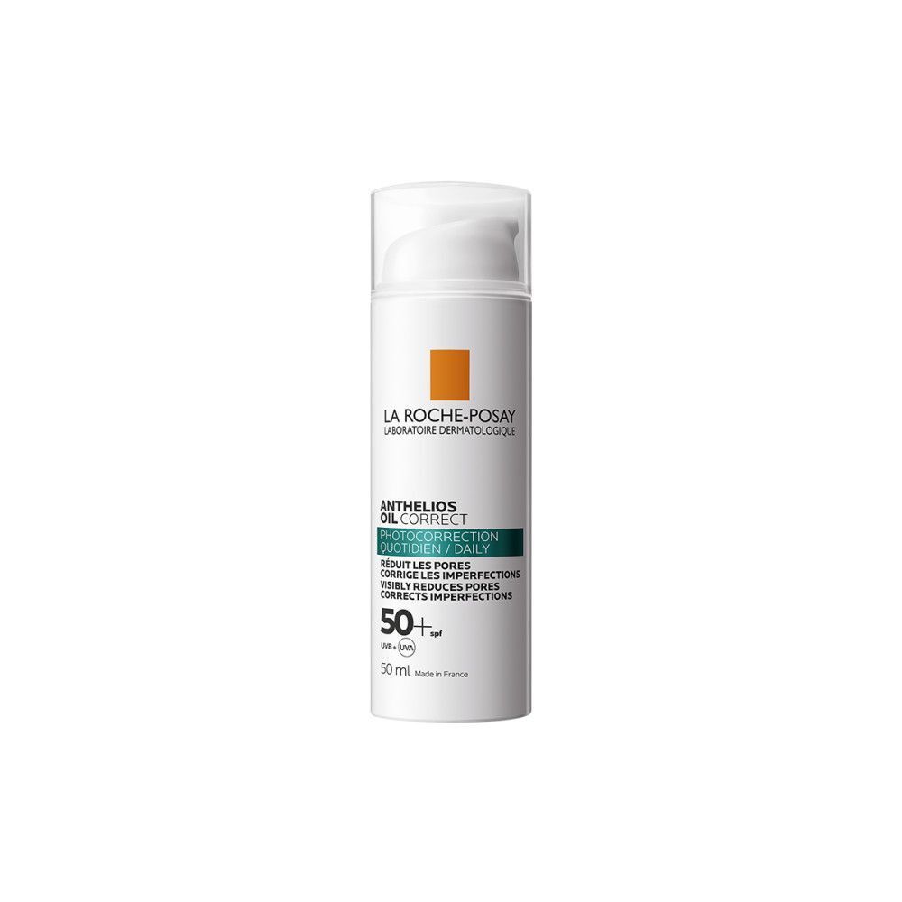 La Roche-Posay Anthelios Oil Correct SPF50+ fles. Wit, met pomp. Oranje vierkant, groene tekst.