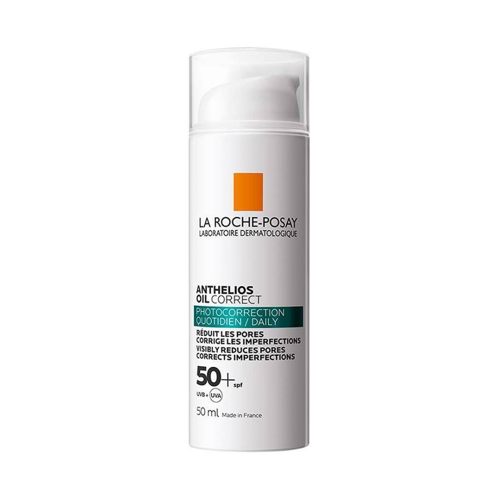 La Roche-Posay Anthelios Oil Correct SPF50+ fles. Wit, met pomp. Oranje vierkant, groene tekst.