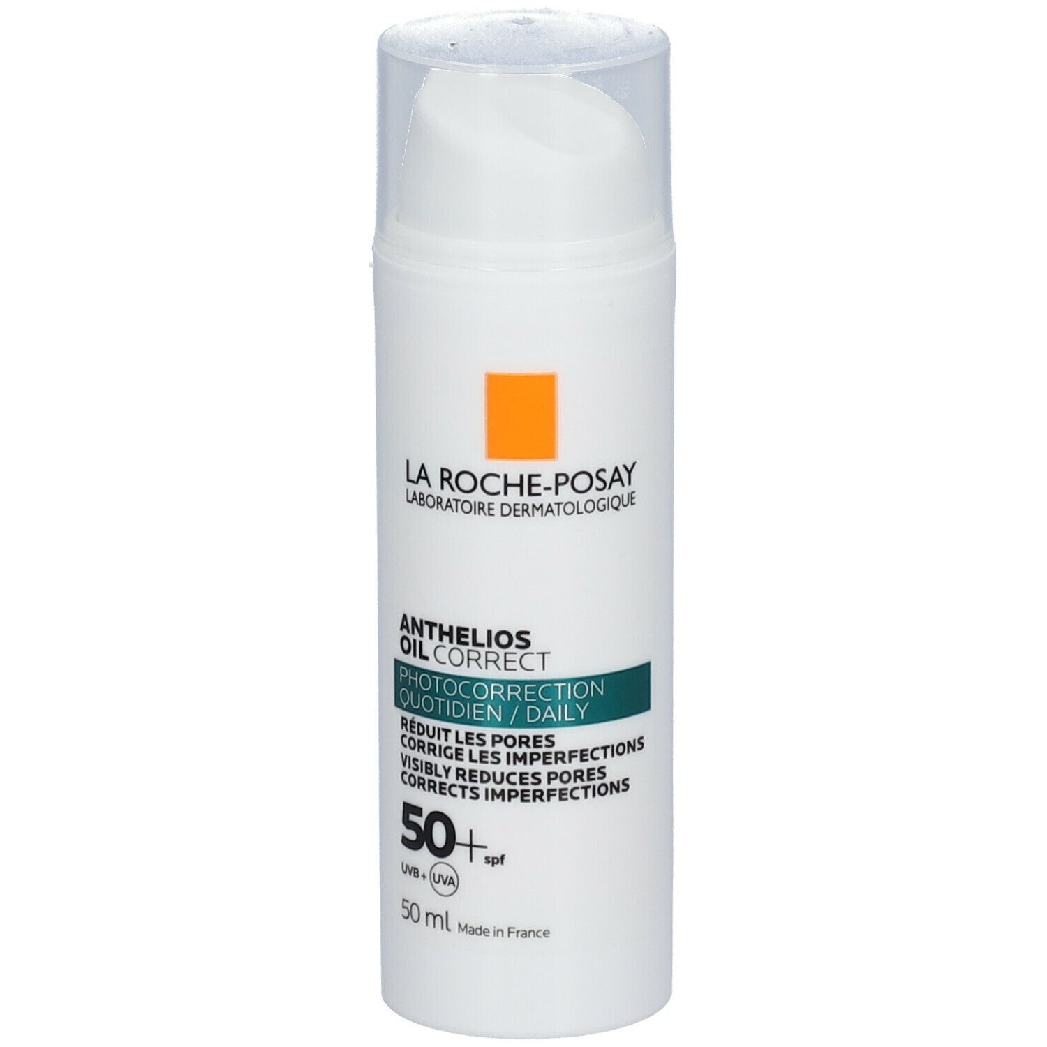 La Roche-Posay Anthelios Oil Correct SPF50+ fles. Wit, met pomp. Oranje vierkant, groene tekst.