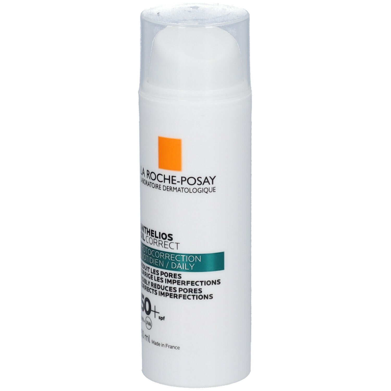La Roche-Posay Anthelios Oil Correct SPF50+ fles. Wit, met pomp. Oranje vierkant, groene tekst.