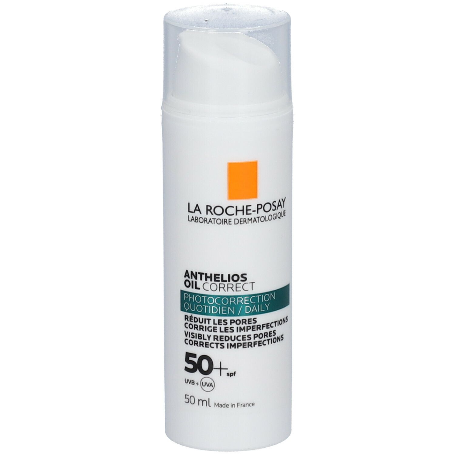 La Roche-Posay Anthelios Oil Correct SPF50+ fles. Wit, met pomp. Oranje vierkant, groene tekst.