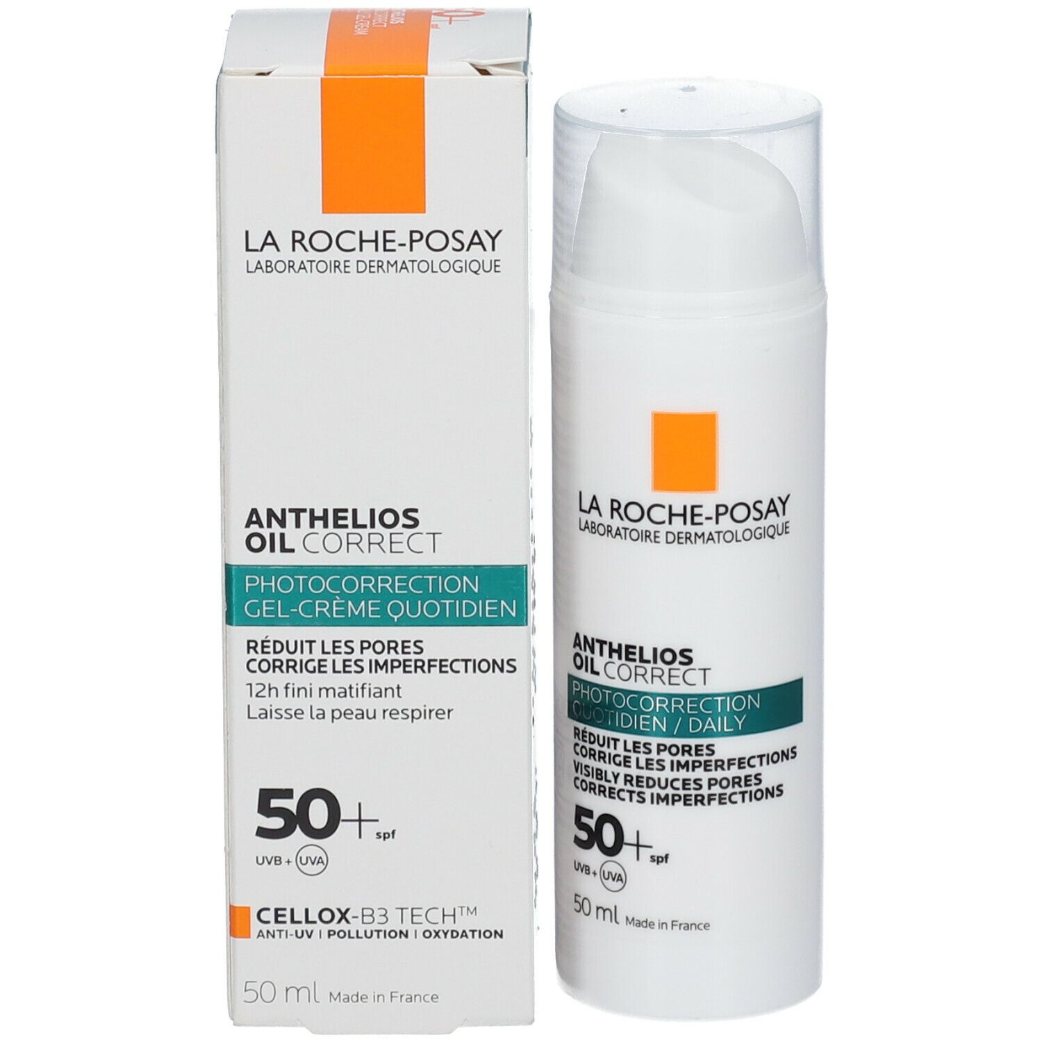La Roche-Posay Anthelios Oil Correct SPF50+ en verpakking. Wit, met pomp. Oranje vierkant, groene tekst.