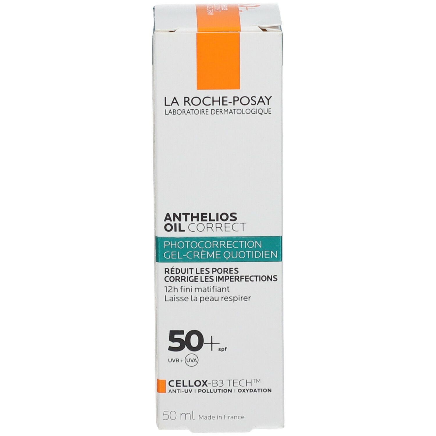 La Roche-Posay Anthelios Oil Correct SPF50+ en verpakking. Wit, met pomp. Oranje vierkant, groene tekst.