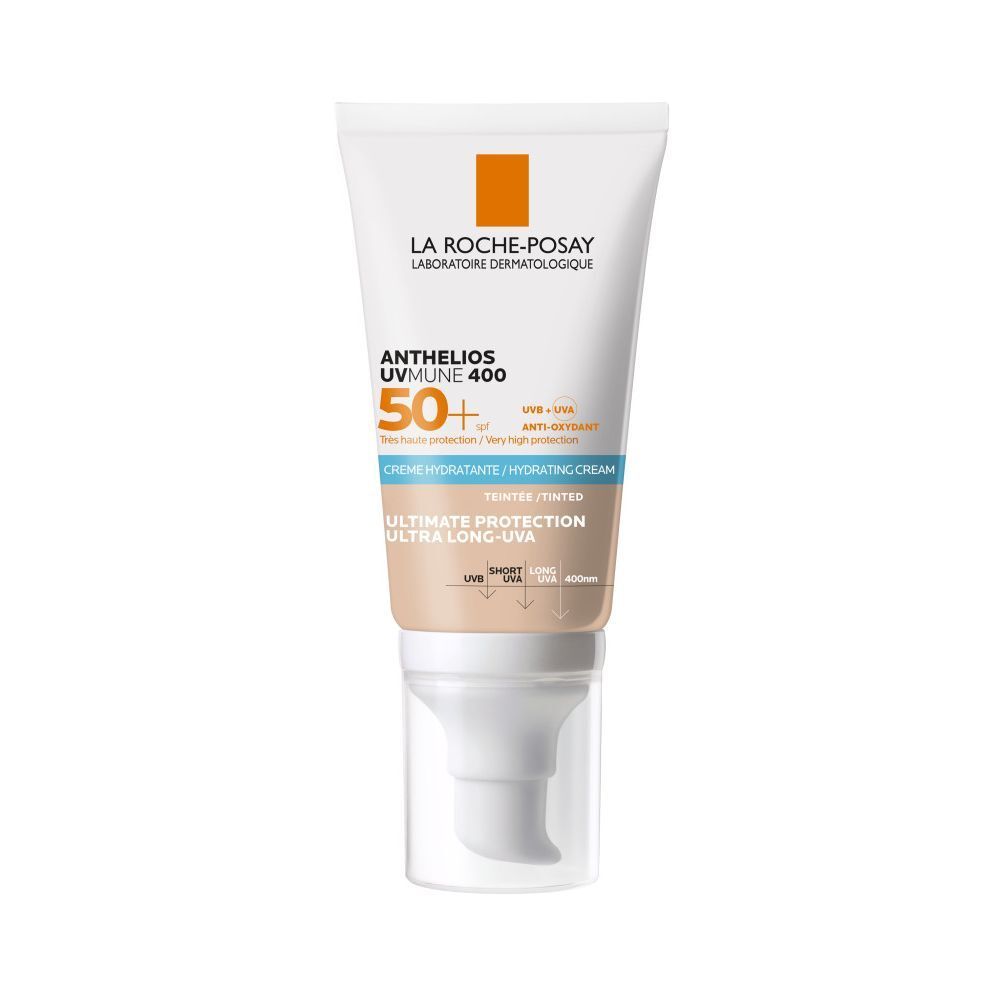 Tube de crème avec pompe. La Roche-Posay Anthelios UVmune 400. SPF 50+. Crème Hydratante.