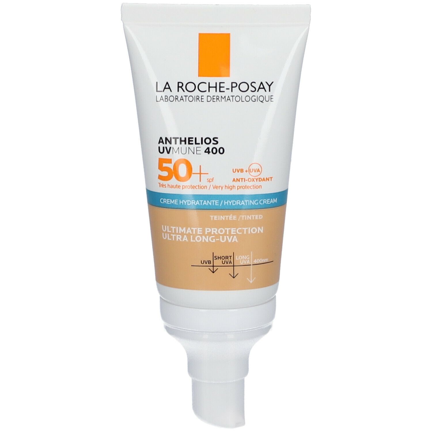 Tube de crème La Roche-Posay Anthelios. Inscription UVmune 400 et SPF 50+. Texture teintée.