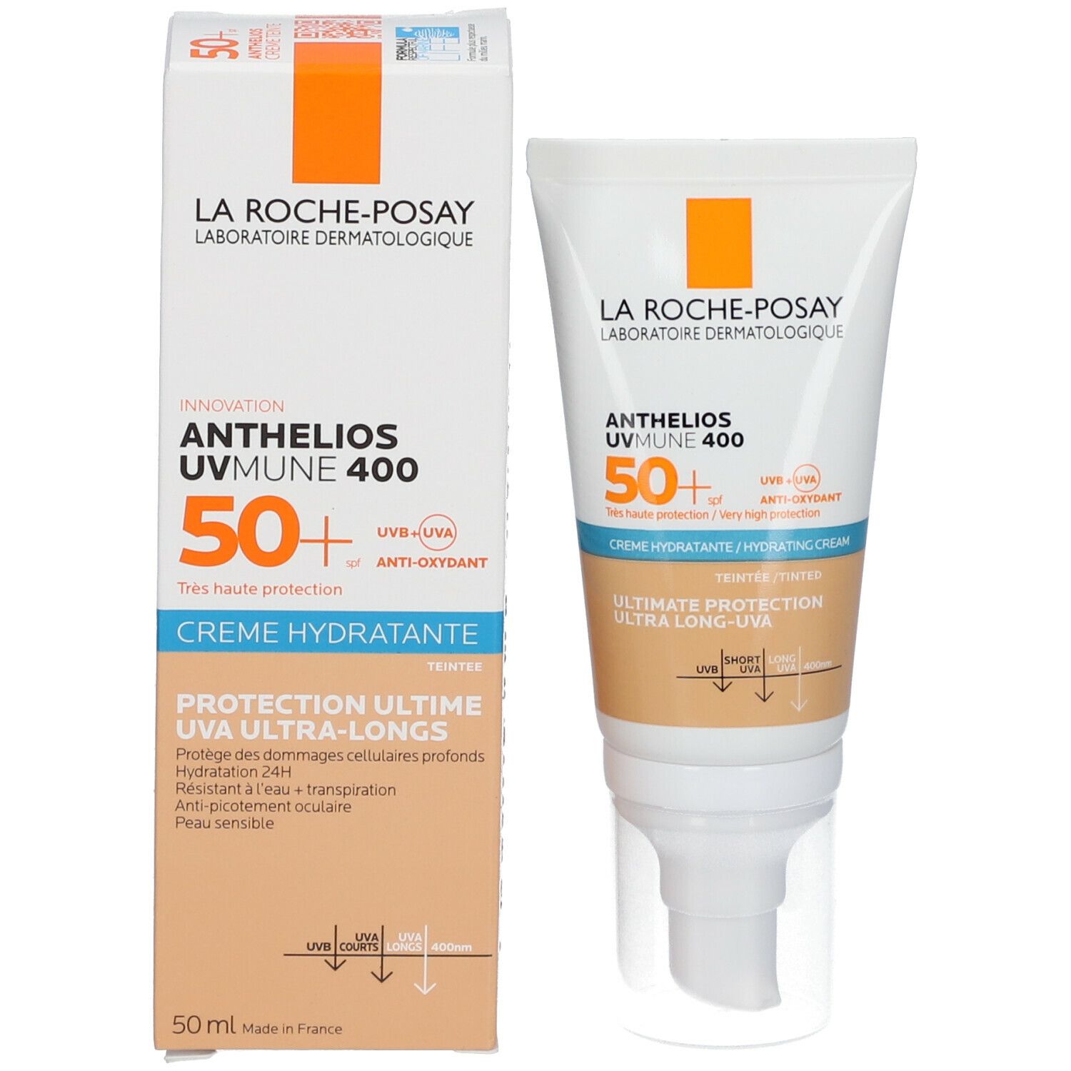 Boîte et tube La Roche-Posay Anthelios UVmune 400. SPF 50+. Crème Hydratante.