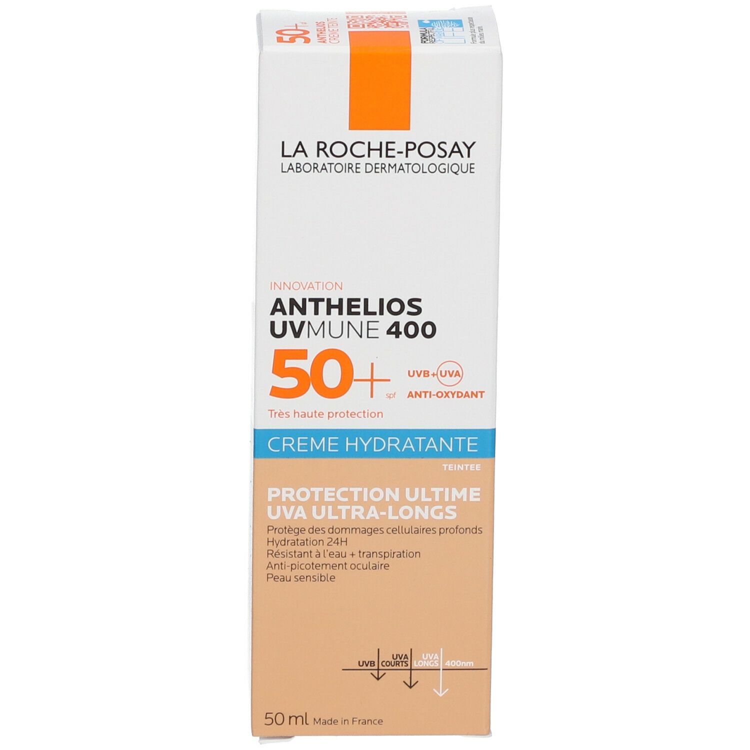 Boîte La Roche-Posay Anthelios UVmune 400. SPF 50+. Crème Hydratante. 50 ml.