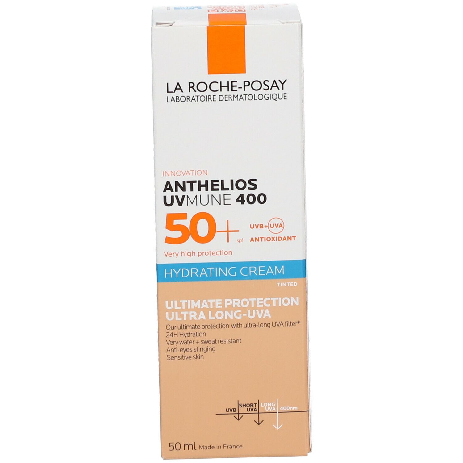 Boîte La Roche-Posay Anthelios UVmune 400. SPF 50+. Crème Hydratante. 50 ml.