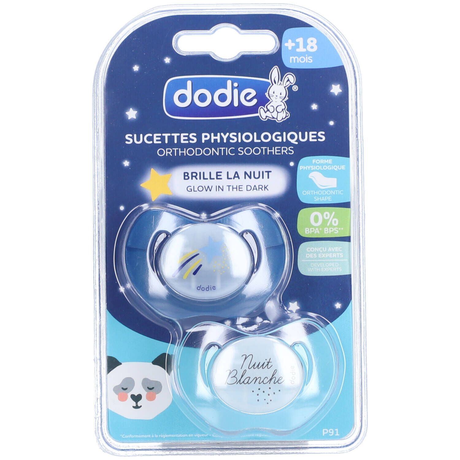 Dodie sucettes, 2 pièces, emballage blister. Marquage +18 mois. Brille dans le noir. Orthodontique.