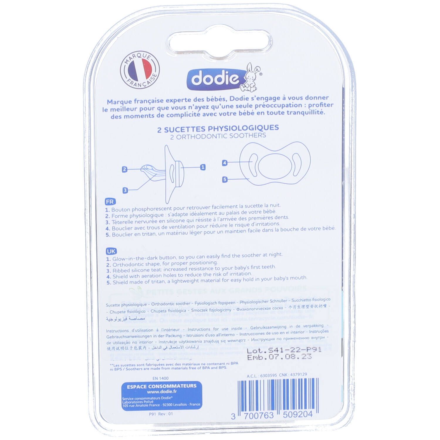 Dos de l'emballage des sucettes Dodie. Contient des informations sur le produit, des illustrations et les coordonnées du fabricant.