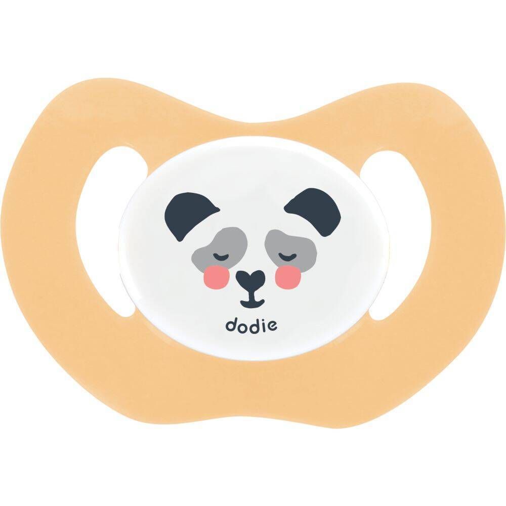 Sucette beige avec visage de panda. Tétine blanche avec logo Dodie. Forme orthodontique.