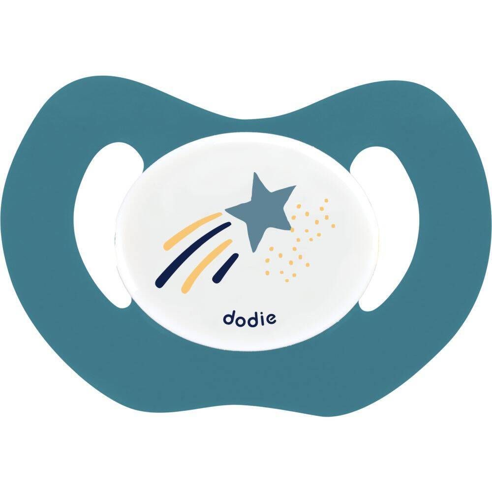 Sucette bleue avec motif d'étoile. Tétine blanche avec logo Dodie. Forme orthodontique.