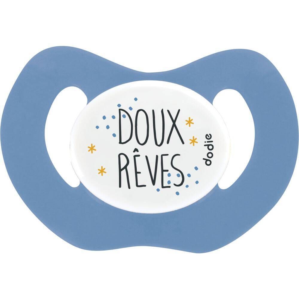 Sucette bleue avec inscription 'Doux Rêves'. Tétine blanche avec logo Dodie. Forme orthodontique.