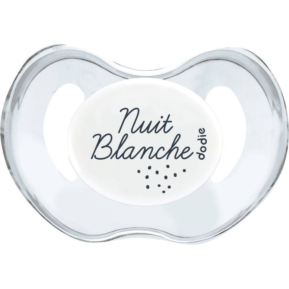 Sucette transparente avec inscription 'Nuit Blanche'. Tétine blanche avec logo Dodie. Forme orthodontique.