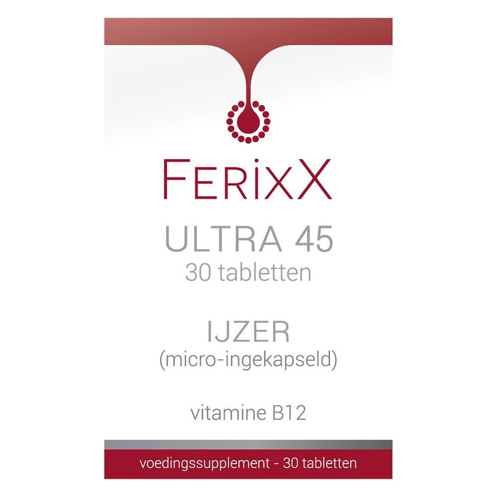 Verpakking FerixX Ultra 45, 30 tabletten. Bevat ijzer en vitamine B12. Rode en witte kleuren.