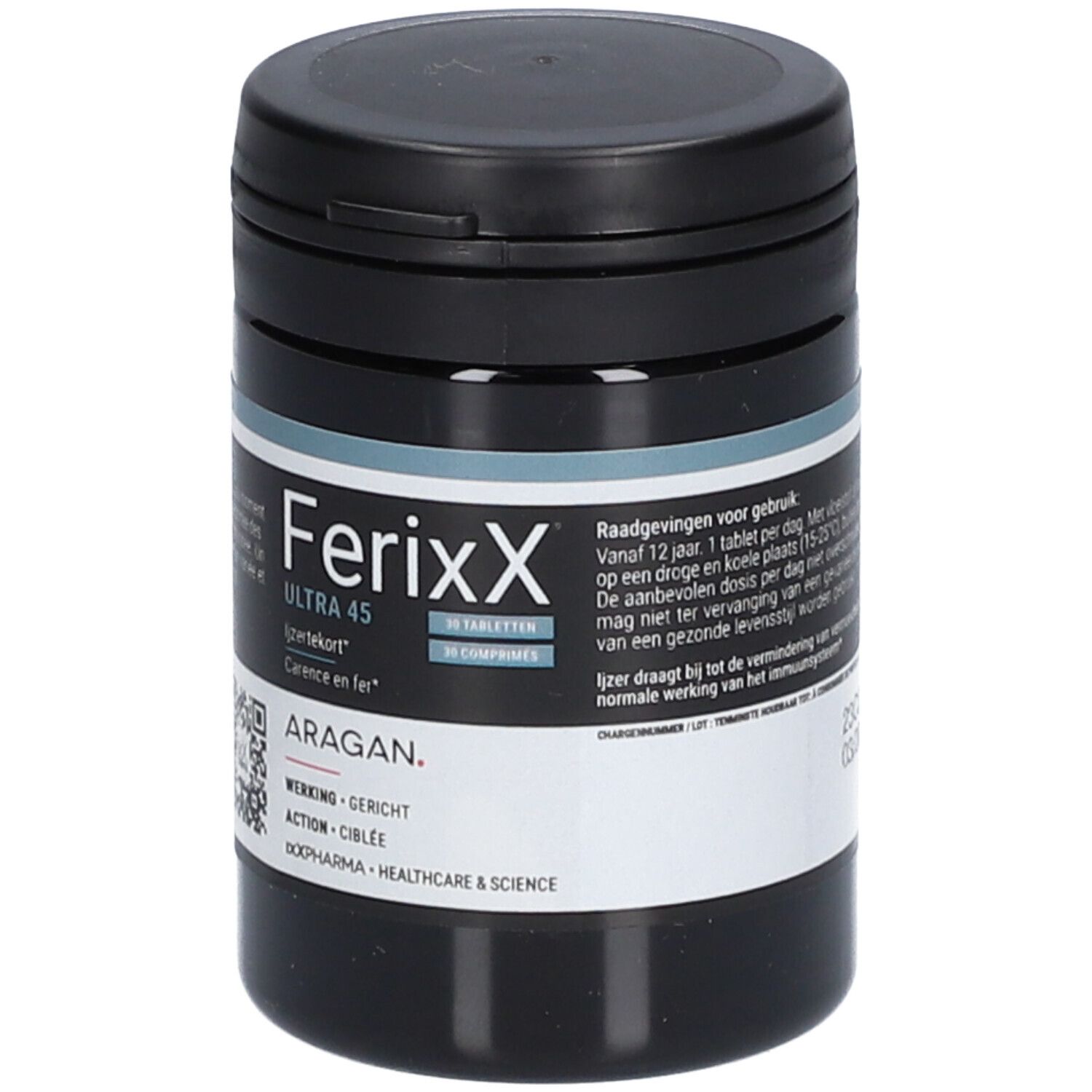 Zwarte pot FerixX Ultra 45, 30 tabletten. Meertalige tekst. Merk ARAGAN.