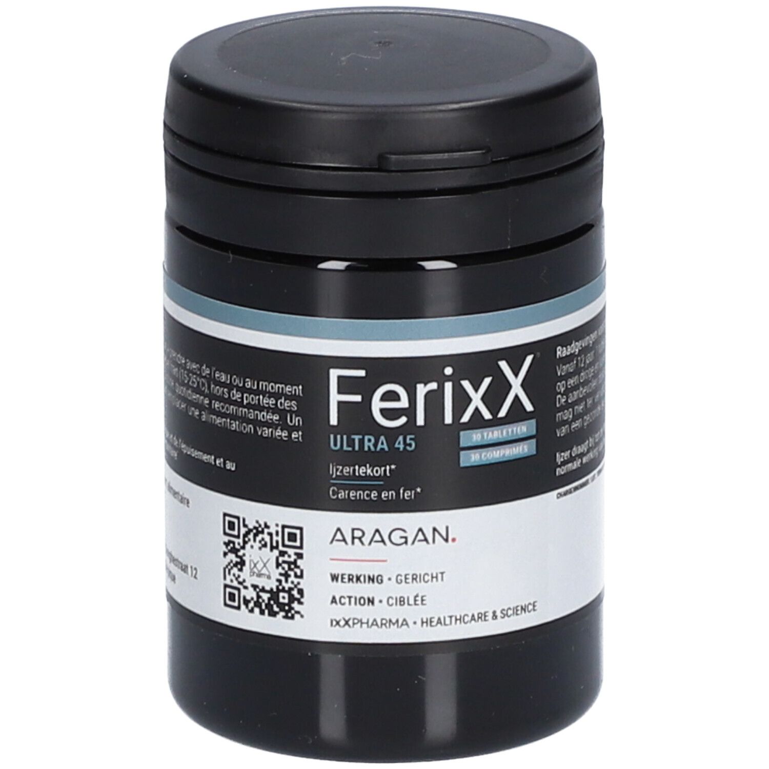 Zwarte pot FerixX Ultra 45, 30 tabletten. Meertalige tekst. Merk ARAGAN.