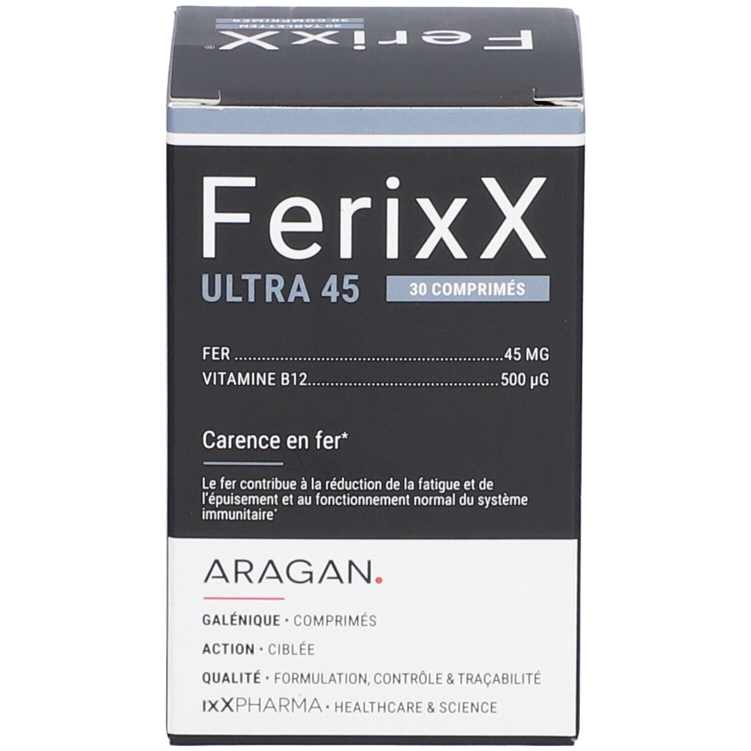 Verpakking FerixX Ultra 45, 30 tabletten. Bevat ijzer en vitamine B12. ARAGAN.