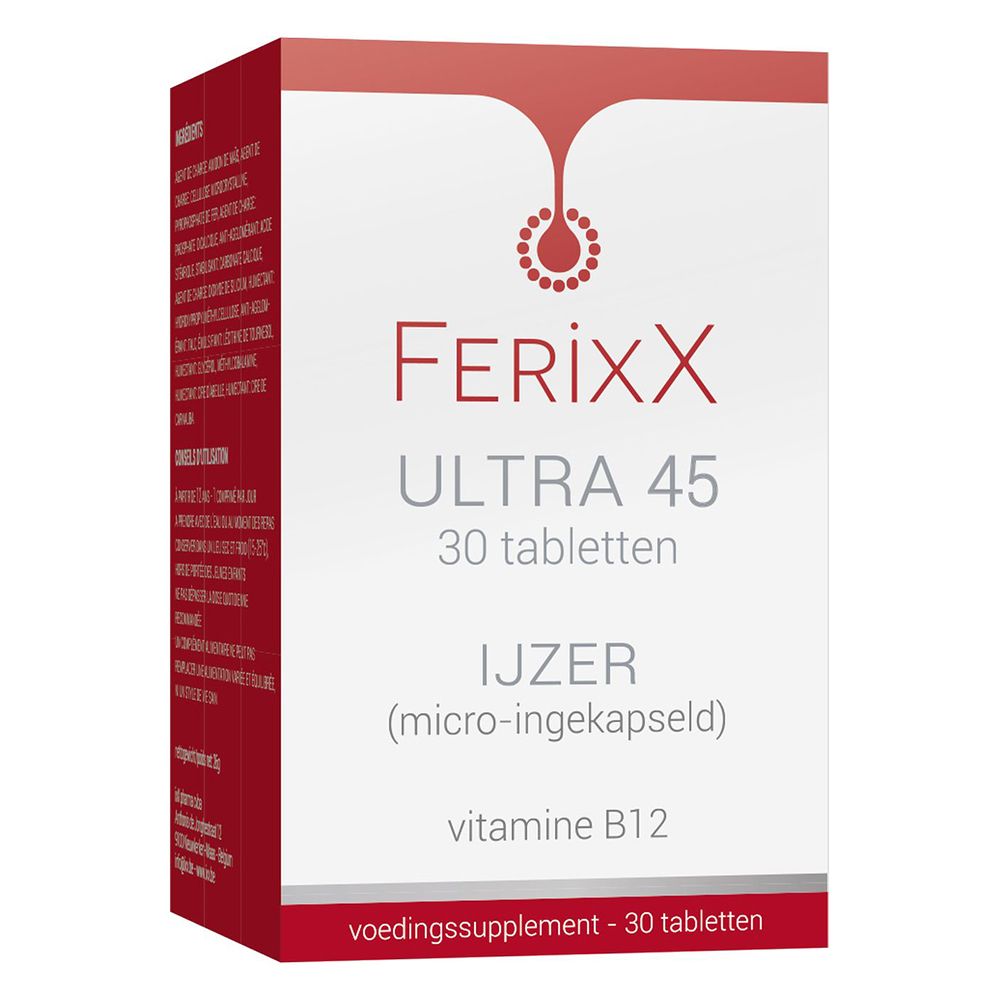 Verpakking FerixX Ultra 45, 30 tabletten. Bevat ijzer en vitamine B12. Rode en witte kleuren.