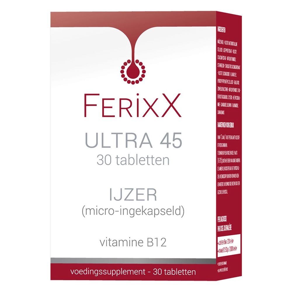 Verpakking FerixX Ultra 45, 30 tabletten. Bevat ijzer en vitamine B12. Rode en witte kleuren.
