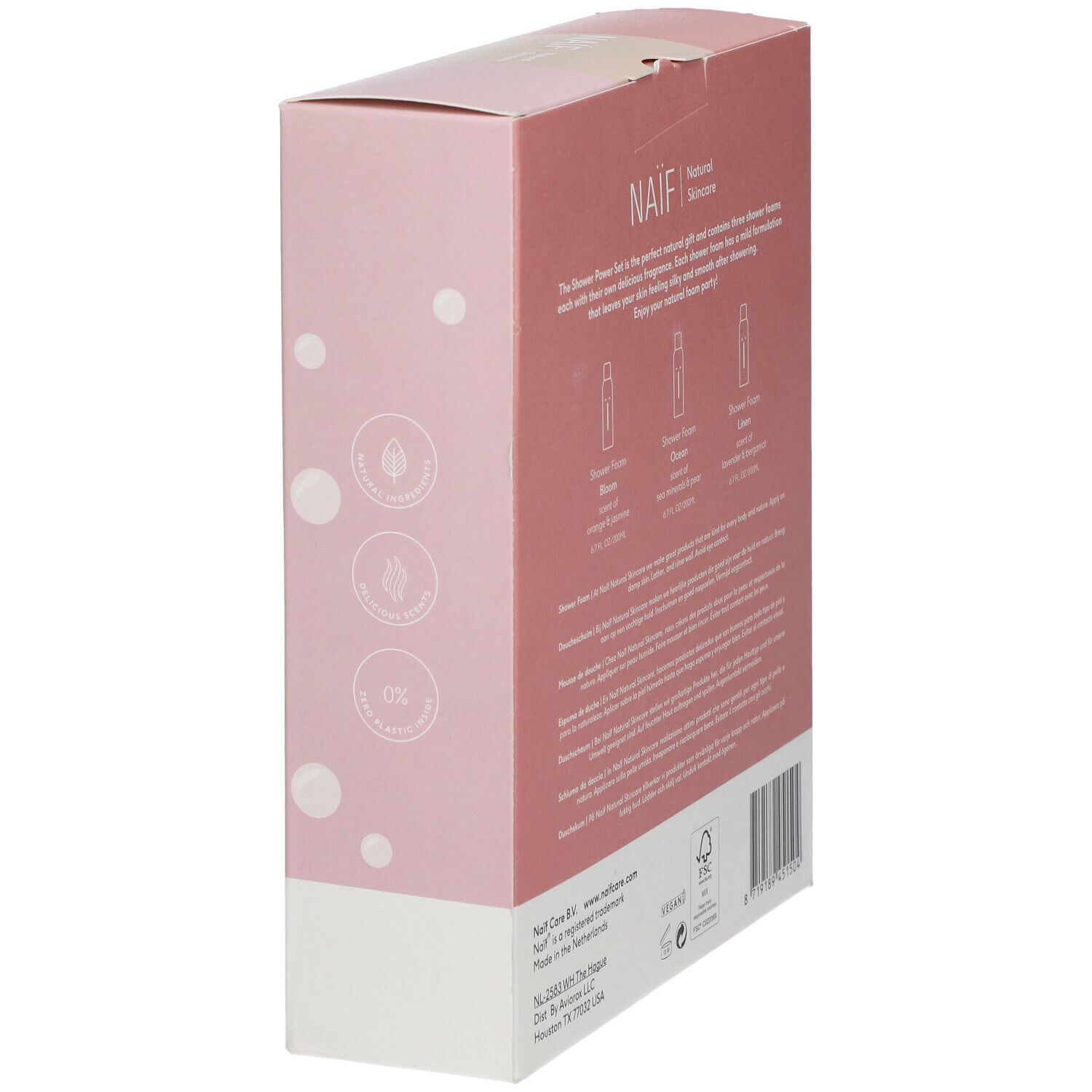 Rückseite einer rosa Geschenkbox. Text und Logos sind sichtbar, darunter das NAÏF-Logo und Informationen zur Nachhaltigkeit.