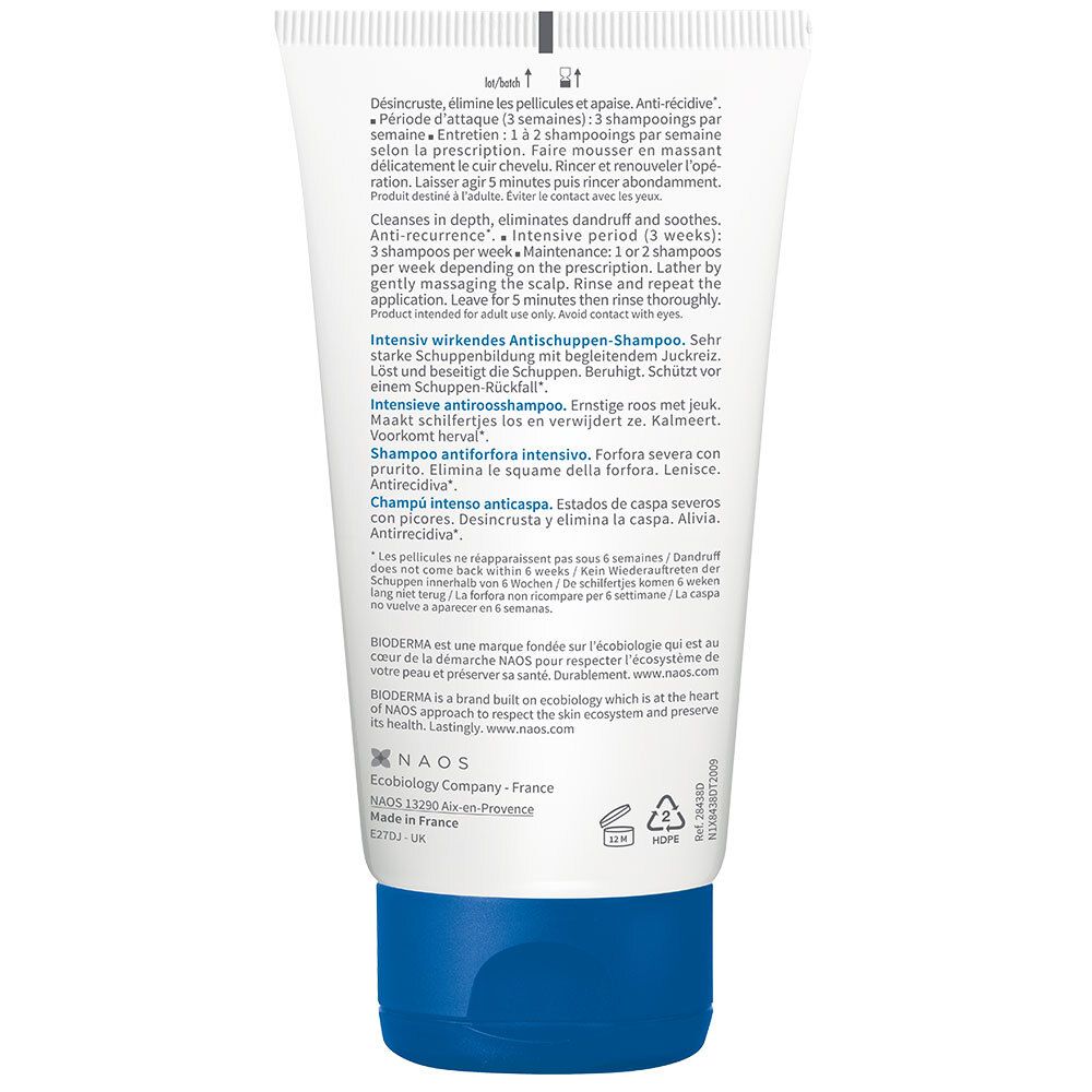 Achterkant BIODERMA Nodé DS+ Shampooing tube. Meertalige tekst. Blauwe dop.