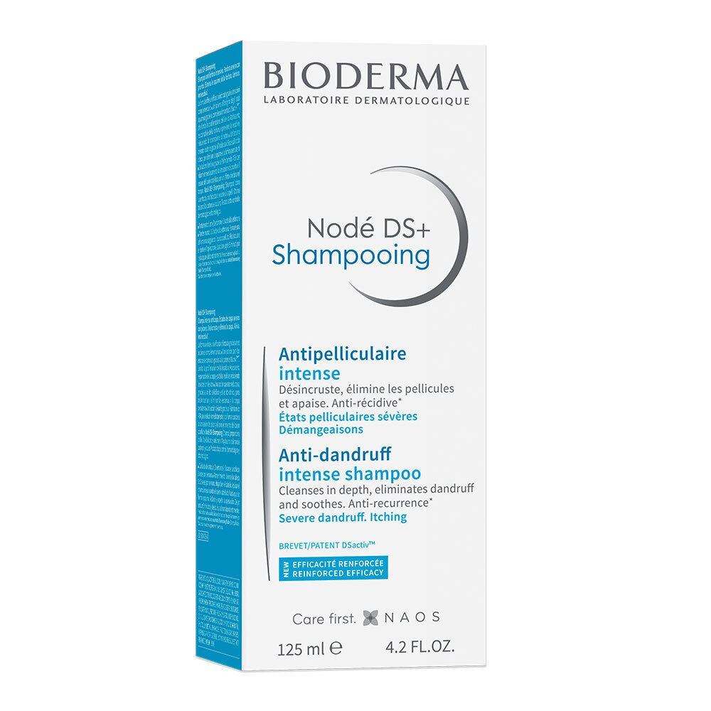 BIODERMA Nodé DS+ Shampooing doos. Wit, blauw. Tekst: Anti-roos, 125 ml, 4.2 FL.OZ.