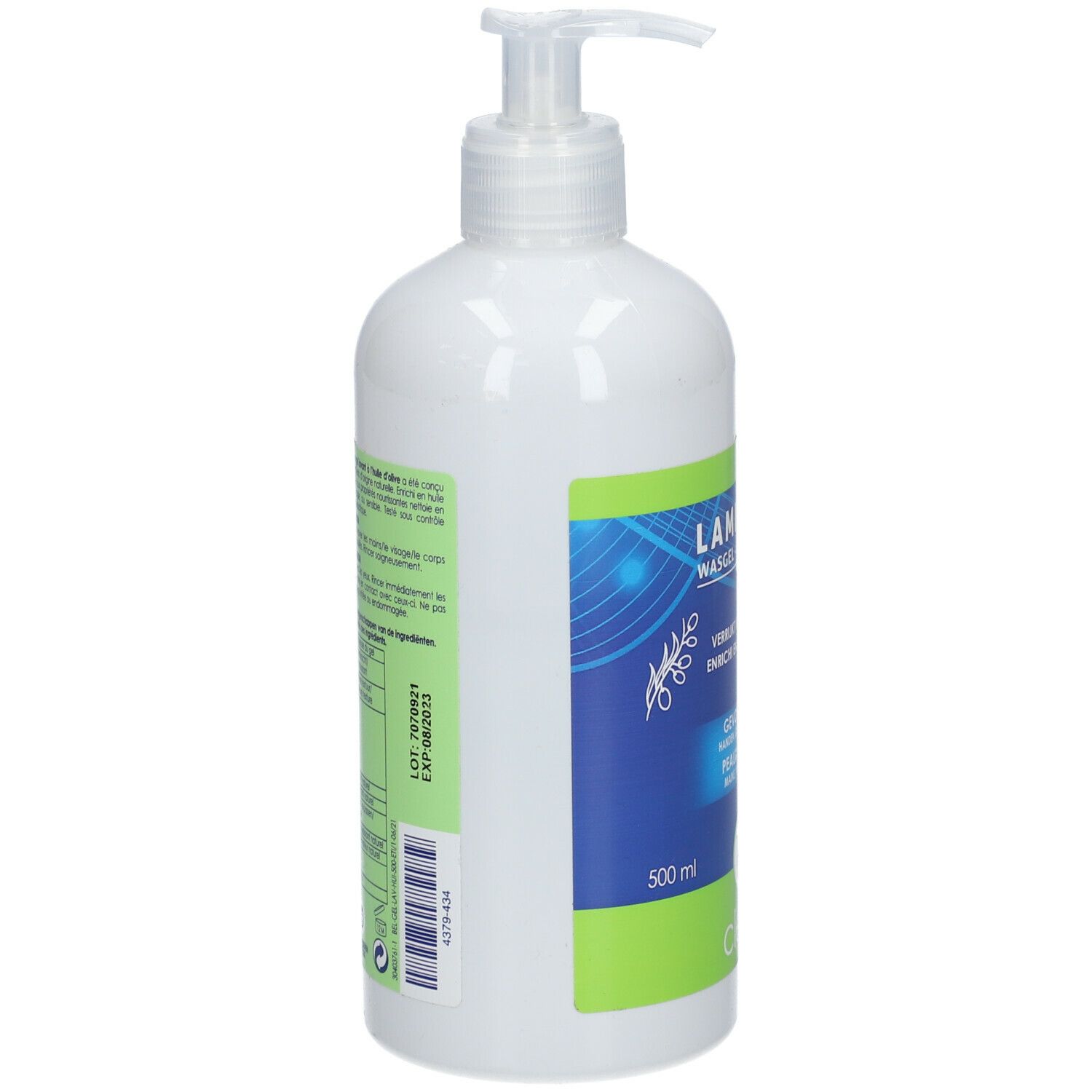 Flacon blanc avec pompe. Étiquettes bleu-vert avec texte. Inscription : LAMIDERM Waschgel. 500 ml.