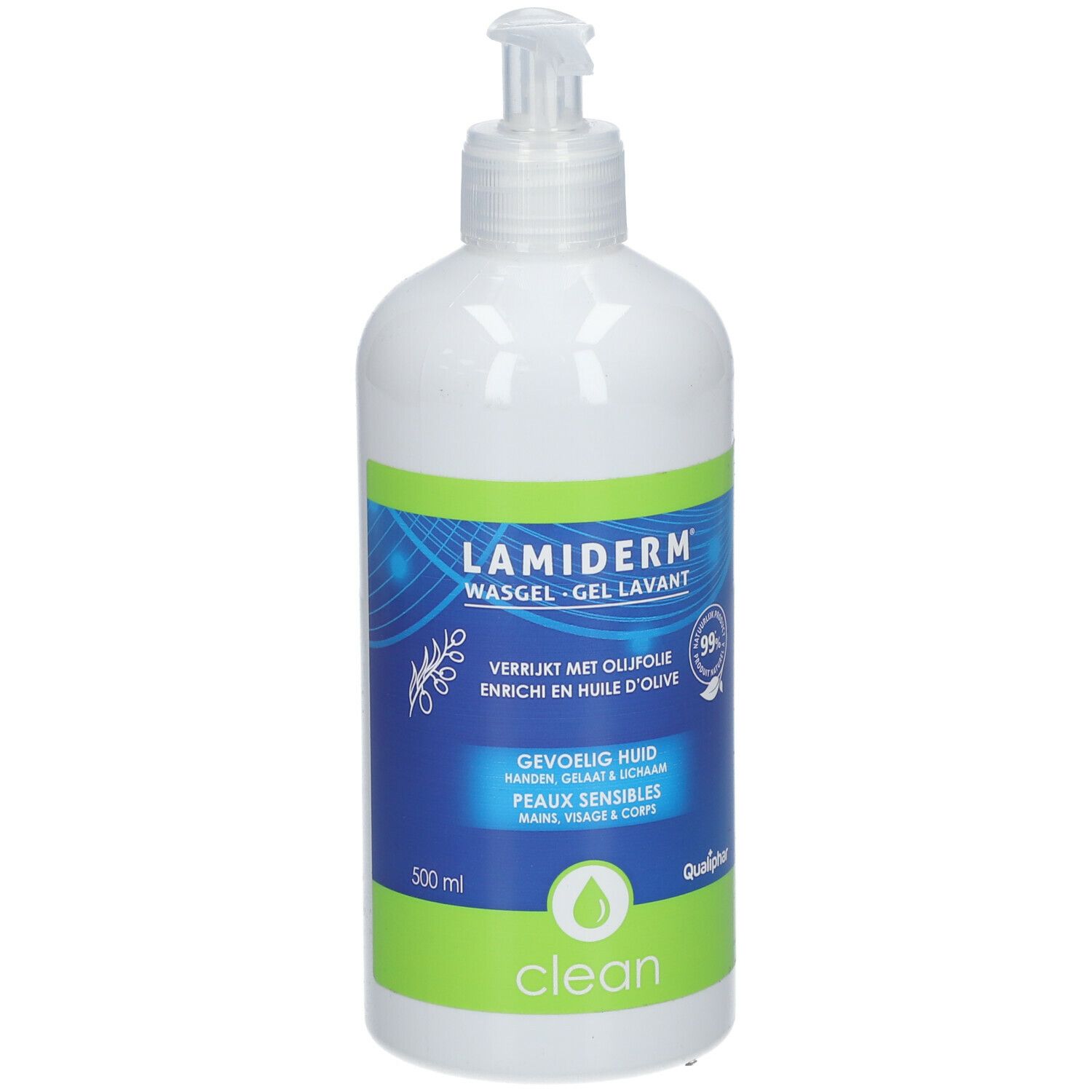 Flacon blanc avec pompe. Étiquette bleu-vert avec texte : LAMIDERM Waschgel. À l'huile d'olive. 500 ml. 'clean'.