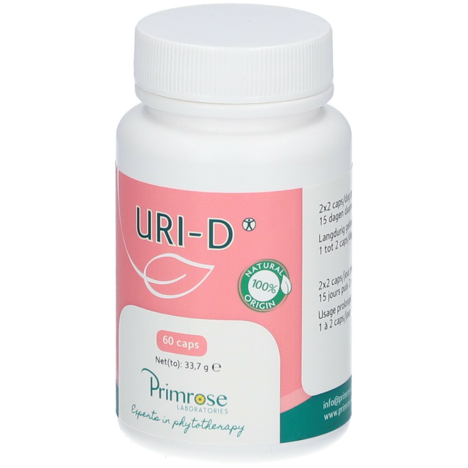 Witte fles met roze etiket. Opschrift: URI-D, 60 capsules, Natural Origin. Primrose Laboratories.
