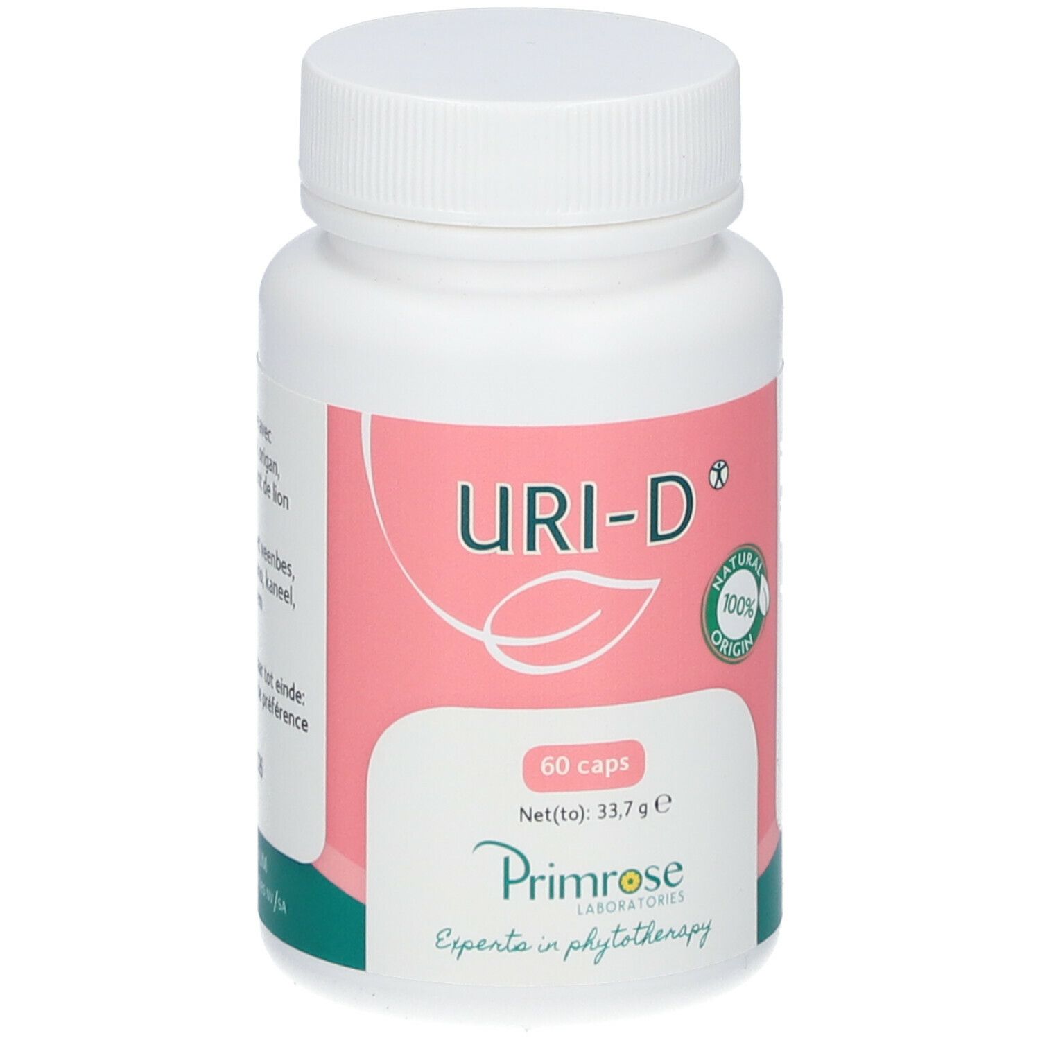 Witte fles met roze etiket. Opschrift: URI-D, 60 capsules, Natural Origin. Primrose Laboratories.