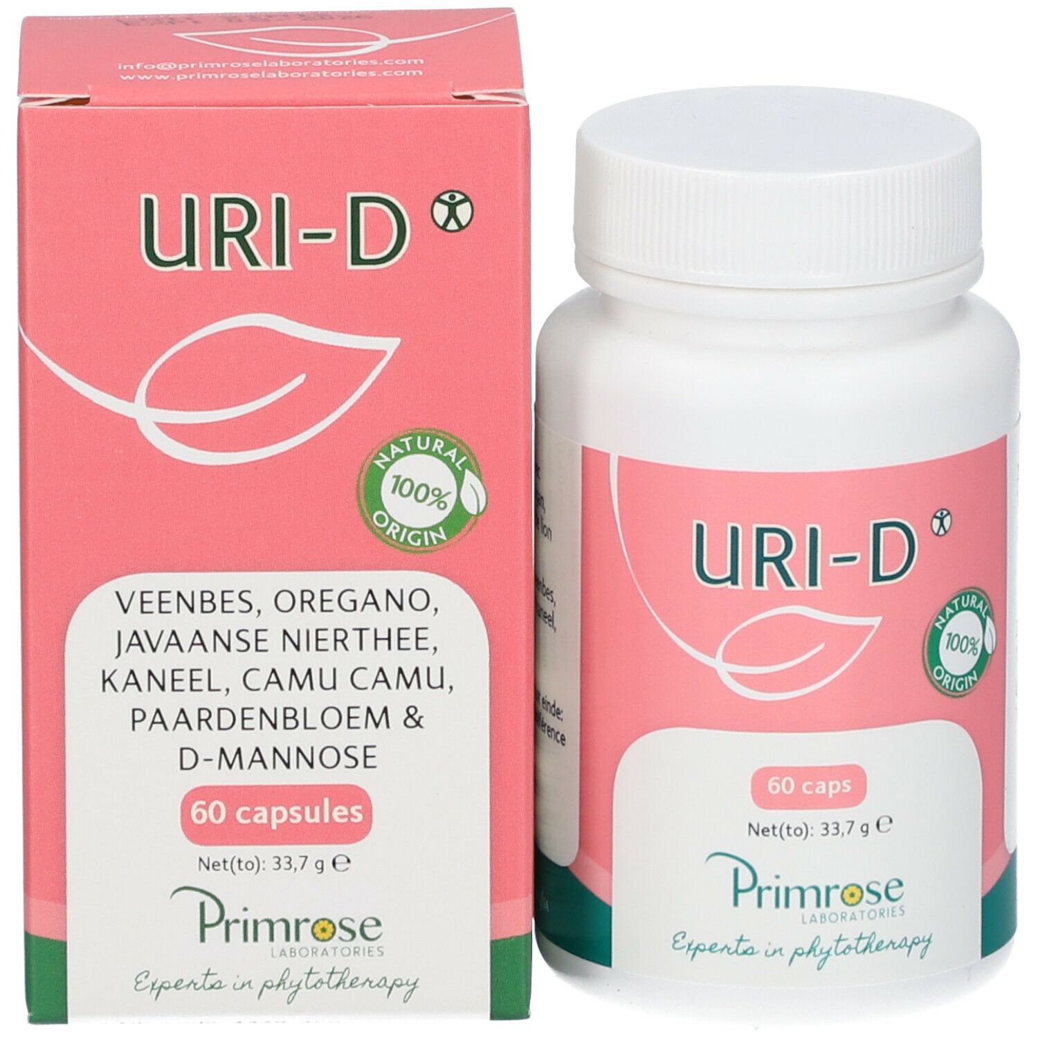 Productverpakking en fles. Verpakking: URI-D, 60 capsules, ingrediënten. Fles: URI-D, 60 capsules, Natural Origin.