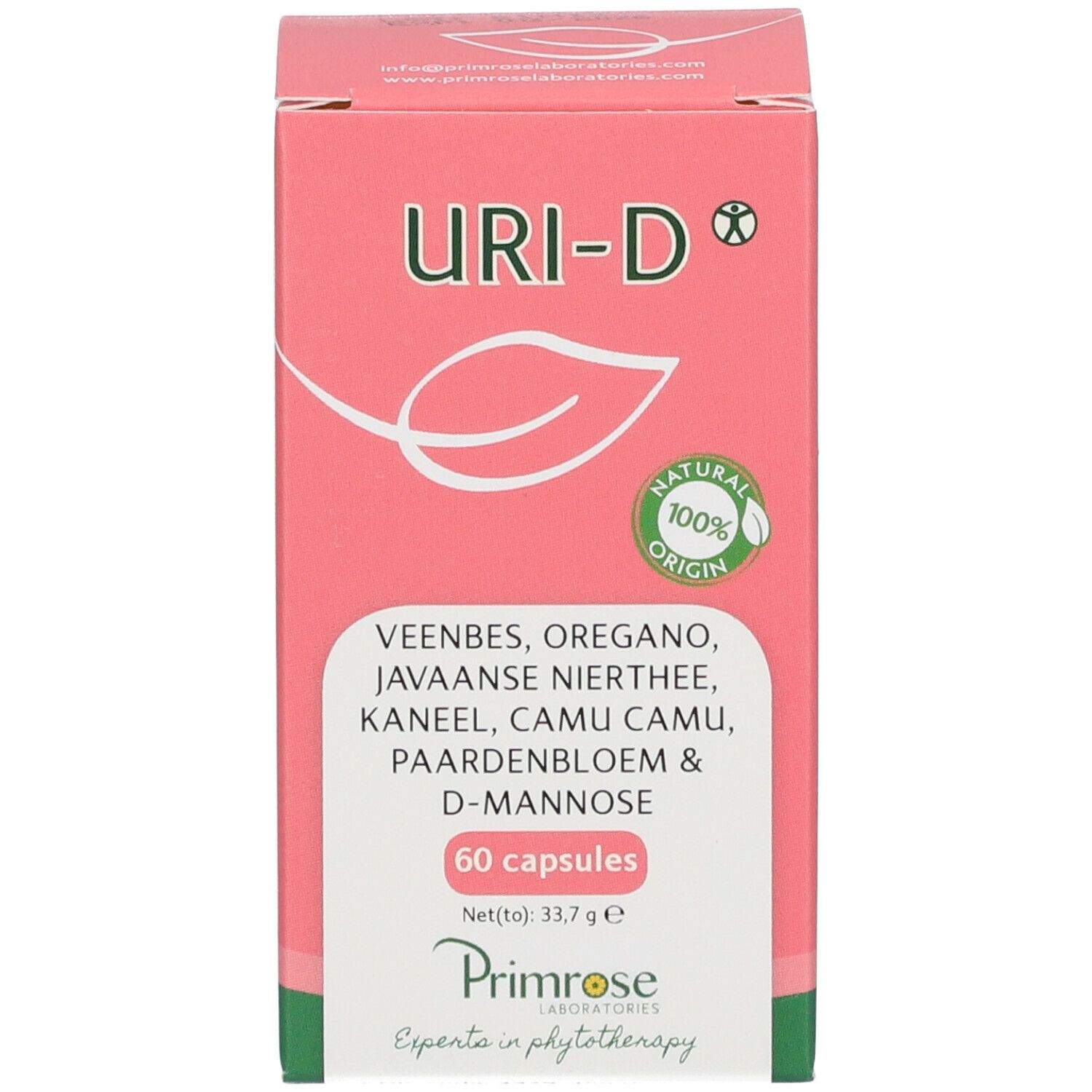 Roze productverpakking. Opschrift: URI-D, 60 capsules, ingrediënten. Primrose Laboratories.