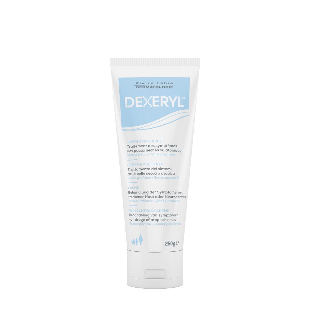 Crèmetube. Dexeryl-logo. Tekst: Crème Emolliente. Behandeling droge huid. 250g.