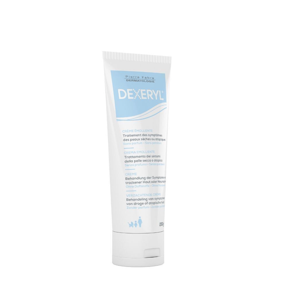 Crèmetube. Dexeryl-logo. Tekst: Crème Emolliente. Behandeling droge huid. 250g.