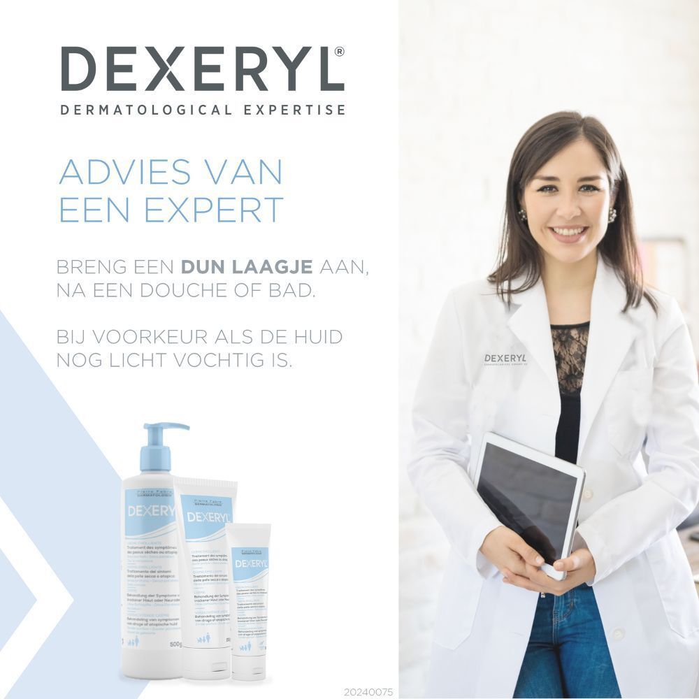 Arts met tablet. Dexeryl-producten op de achtergrond. Tekst: Dexeryl, dermatologische expertise.