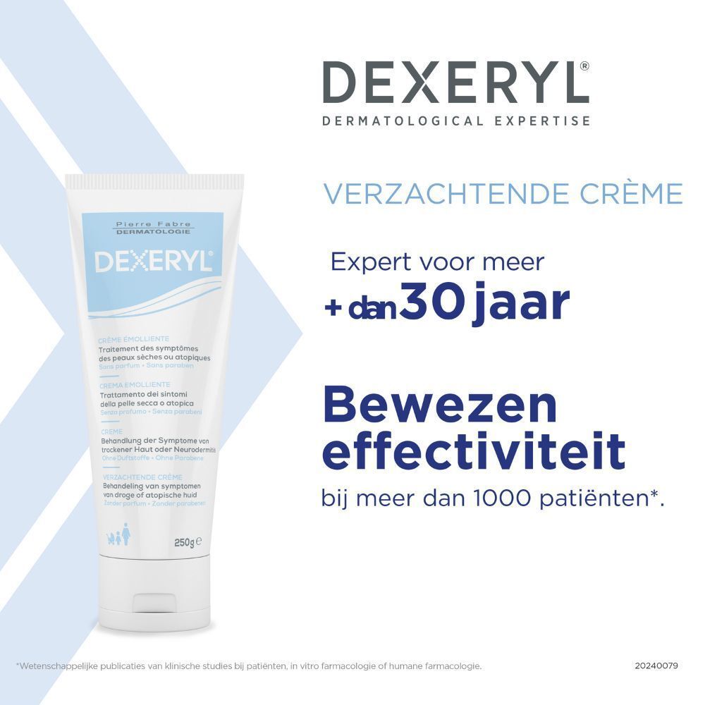 Crèmetube. Dexeryl-logo. Tekst: Crème Emolliente. Bewezen effectiviteit.