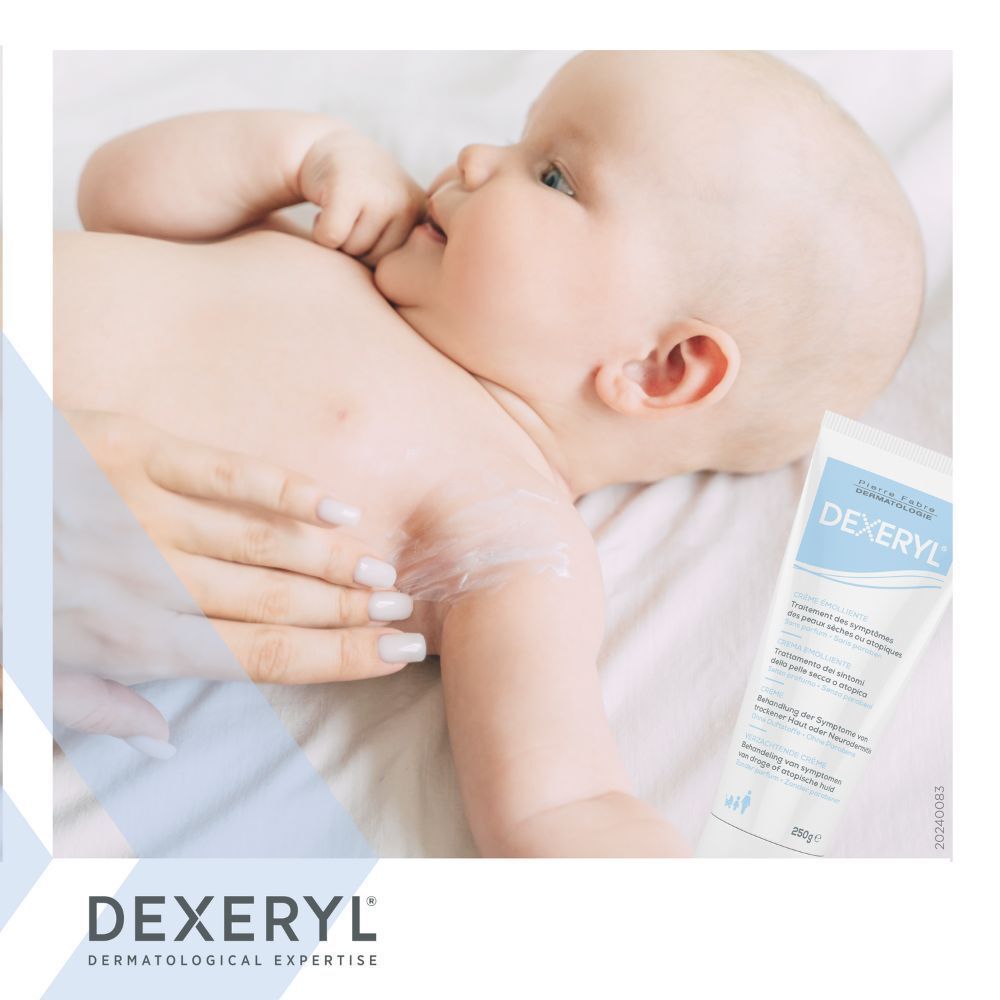 Baby met crème op de huid. Dexeryl-tube op de achtergrond. Tekst: Dexeryl, dermatologische expertise.