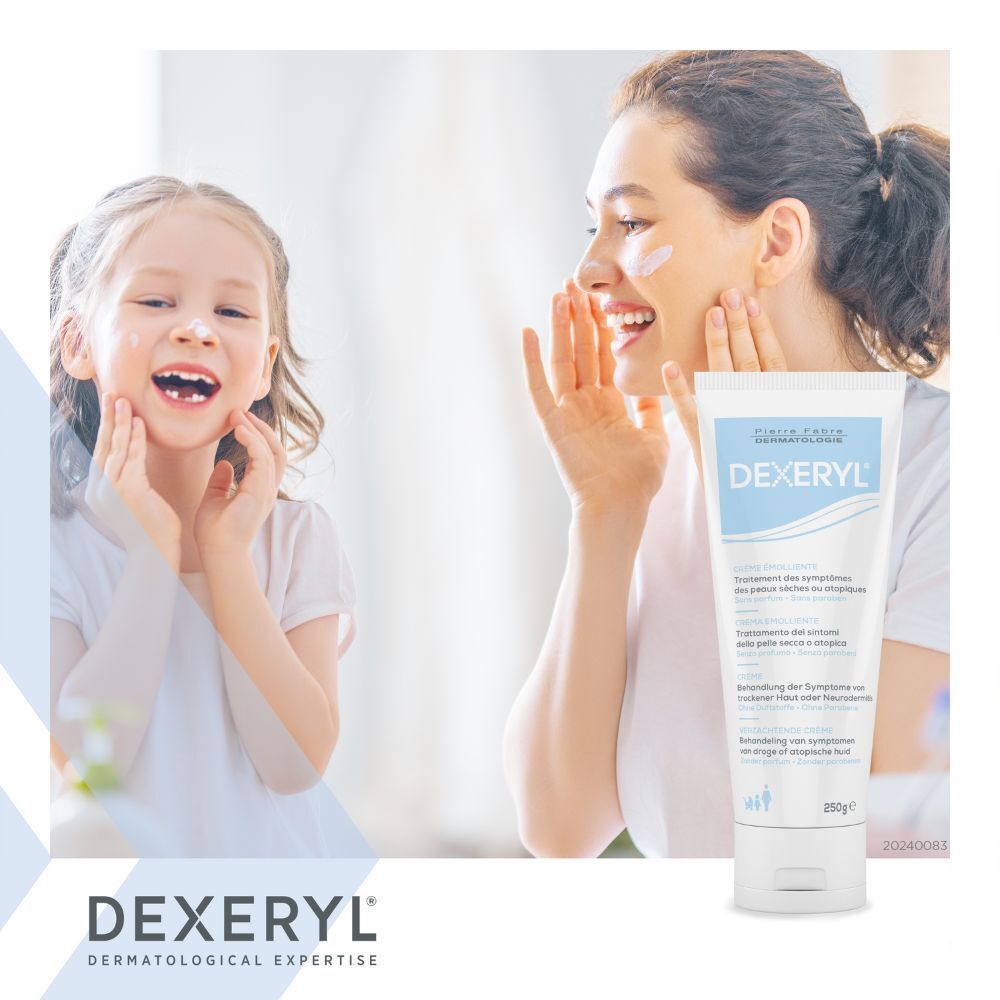 Vrouw en kind met crème op het gezicht. Dexeryl-tube op de achtergrond. Tekst: Dexeryl, dermatologische expertise.