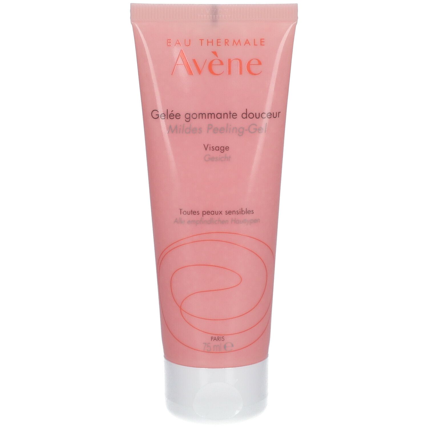 Tube rose avec bouchon blanc. Inscription: Eau Thermale Avène, Gelée gommante douceur, Mildes Peeling-Gel, Visage, 75 ml.