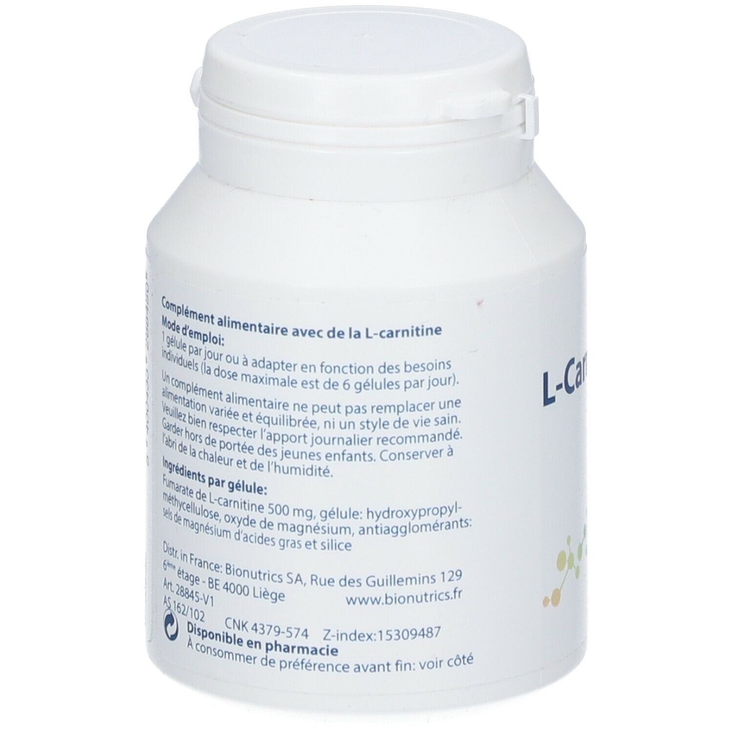 Dos du flacon blanc L-Carnitine. Texte avec ingrédients et mode d'emploi.