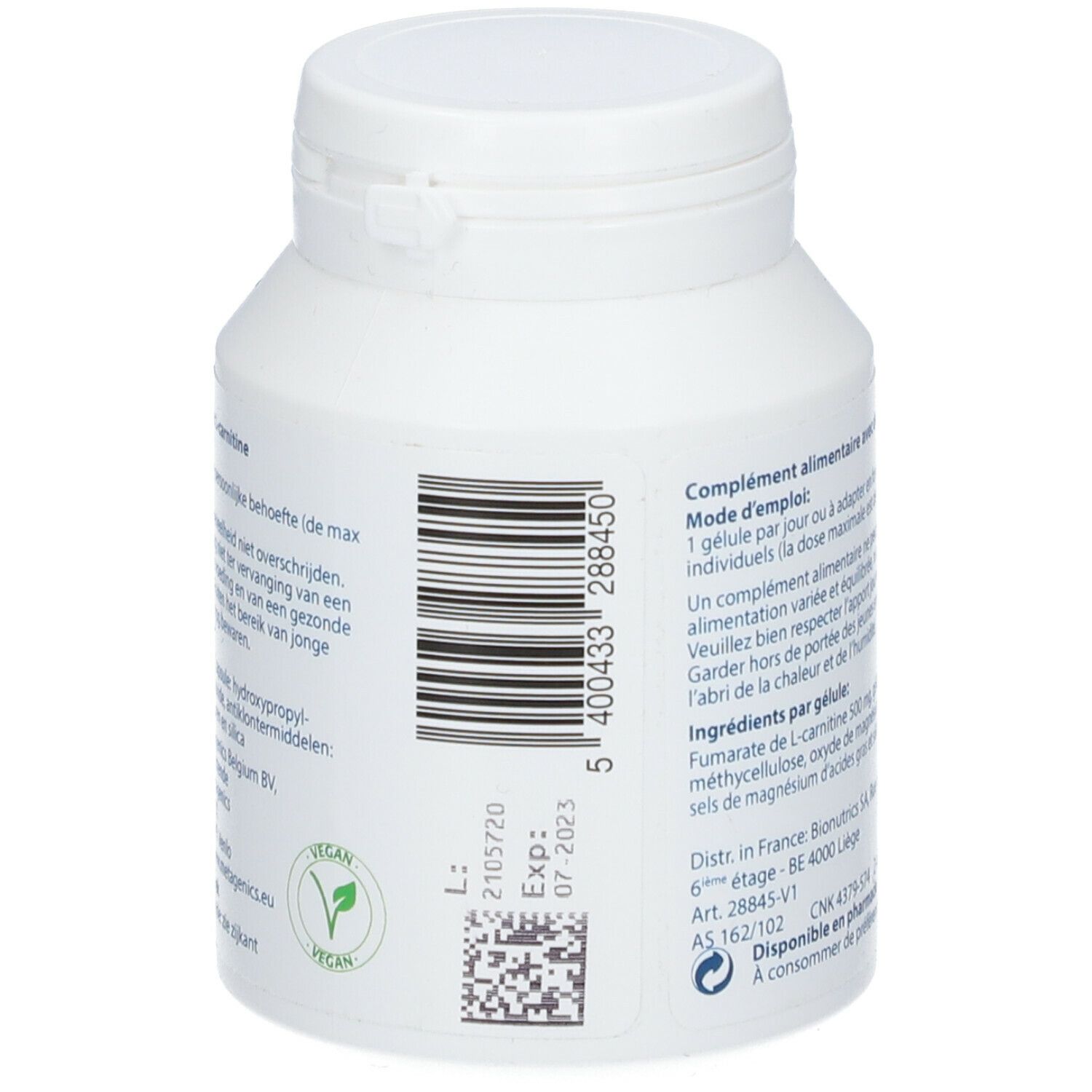Dos du flacon blanc L-Carnitine. Code-barres, date de péremption et label végétalien.